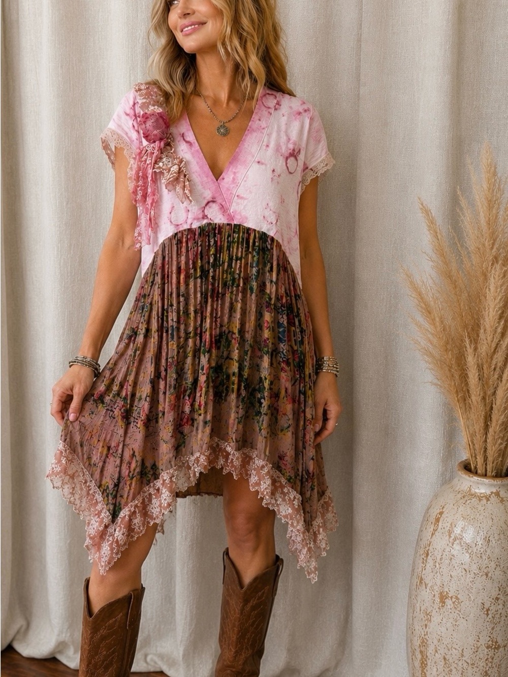Bohemian Lace-Trim Asymmetrical Dress in Pink and Brown